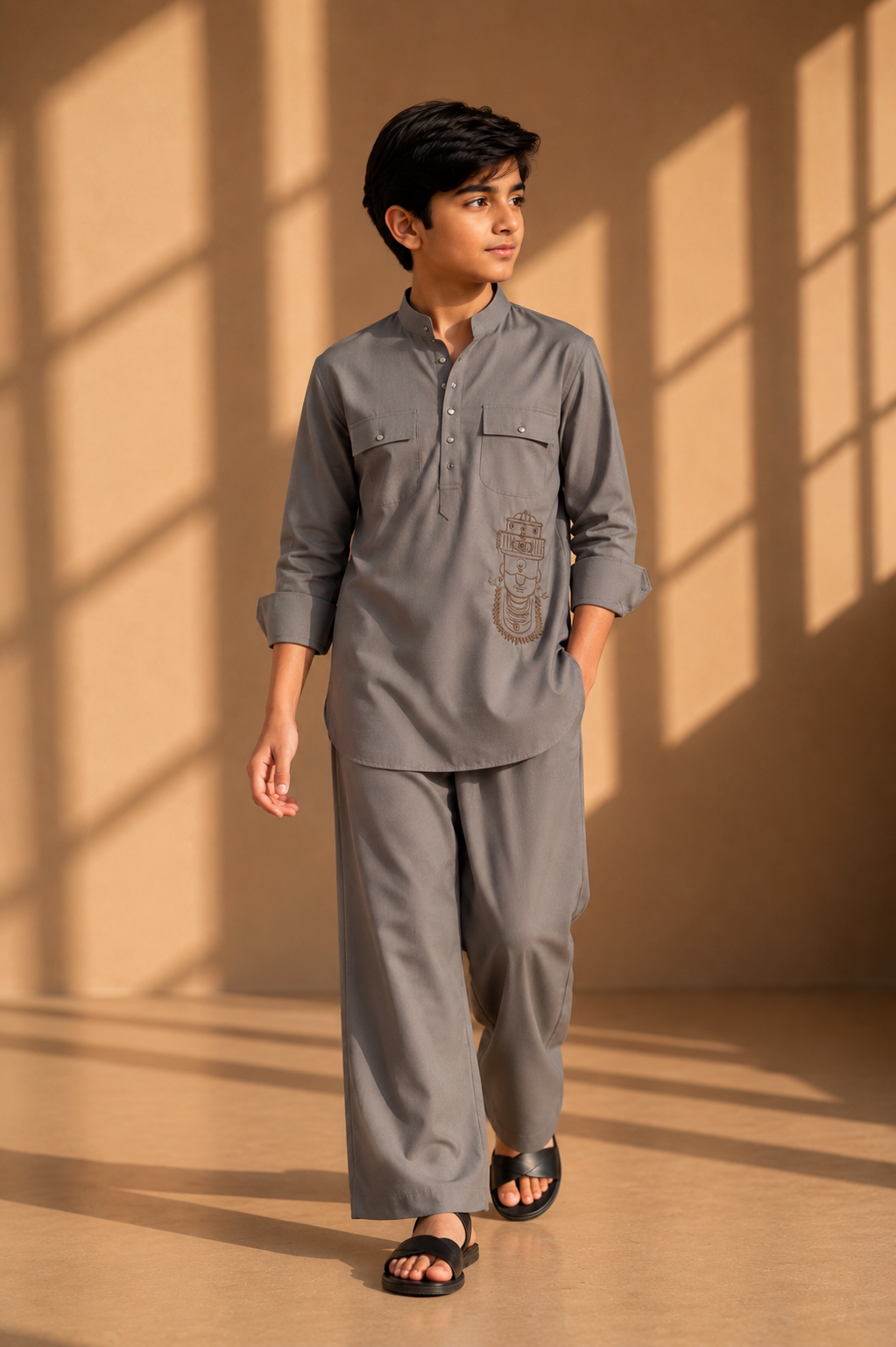 Mouse coloured short crepe kurta with thread embroidery on the waist & patch pocket detailing, paired with a matching plazzo