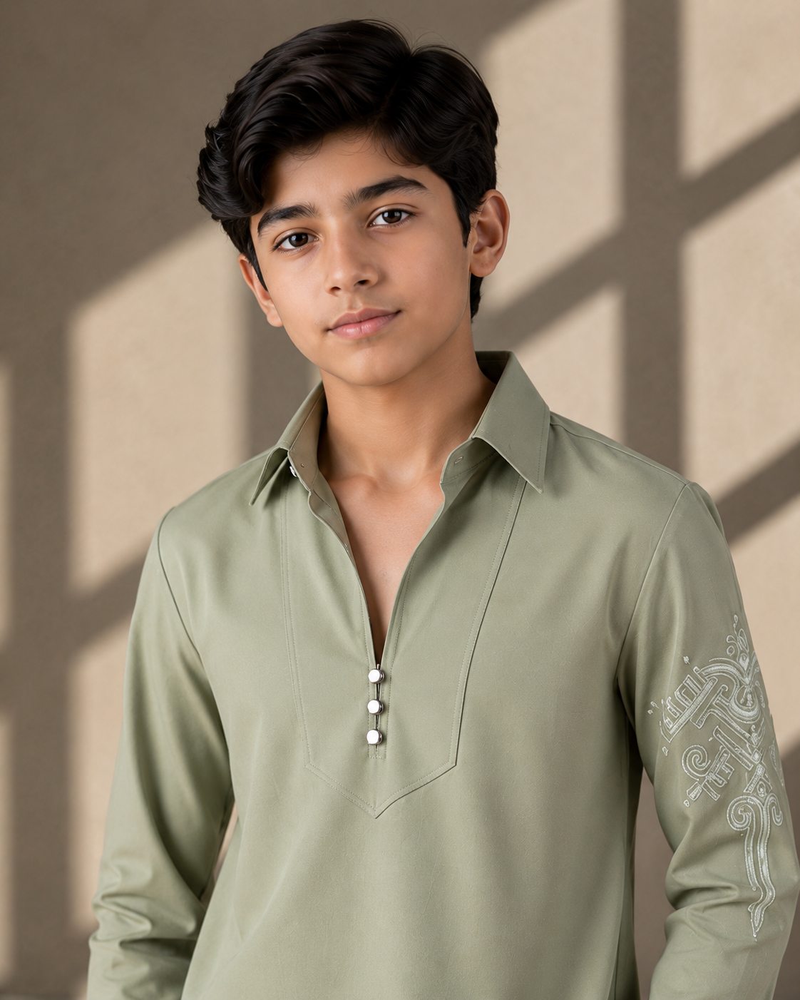Mint green short crepe kurta with thread embroidery detailing on the sleeve, paired with a matching plazzo
