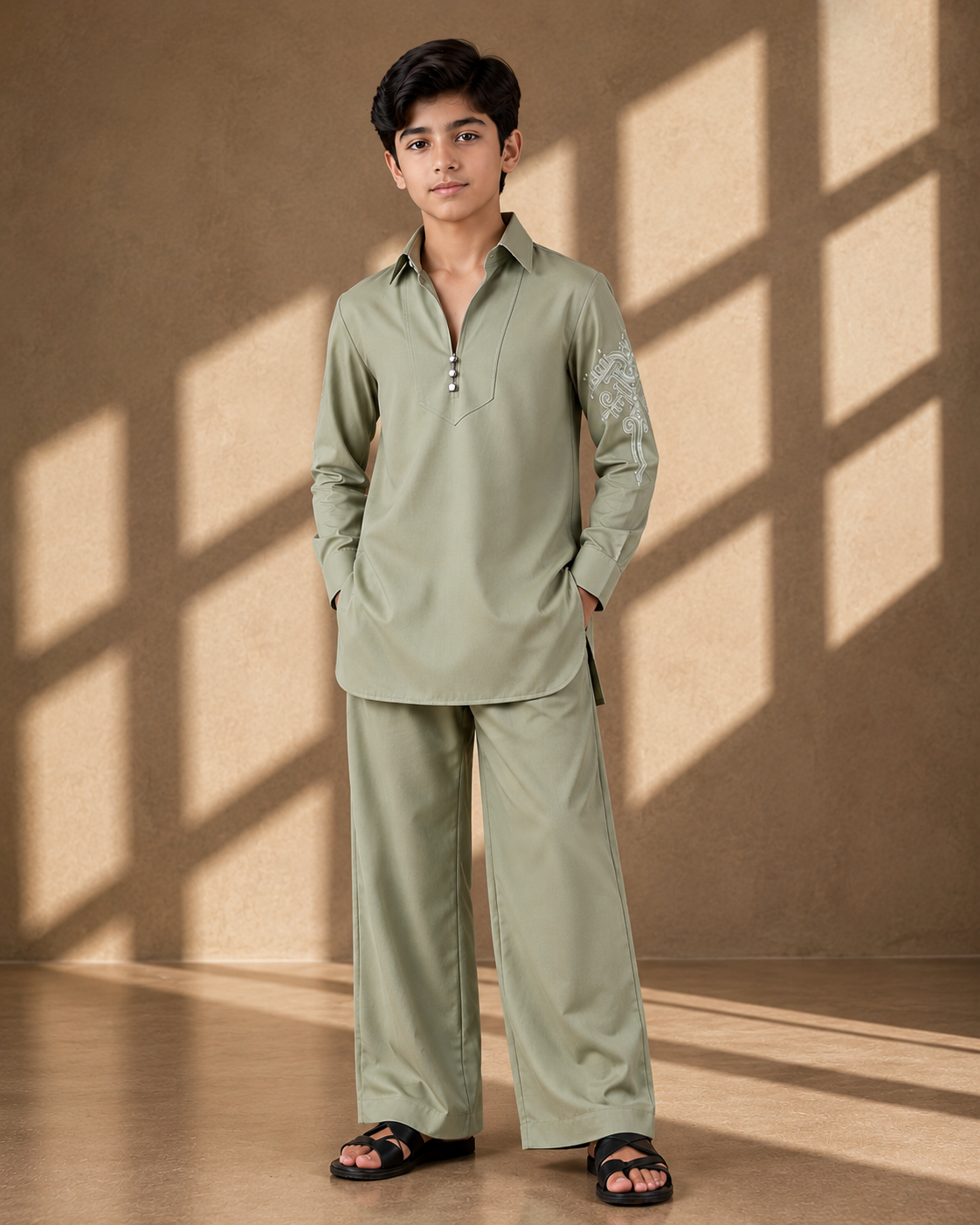 Mint green short crepe kurta with thread embroidery detailing on the sleeve, paired with a matching plazzo