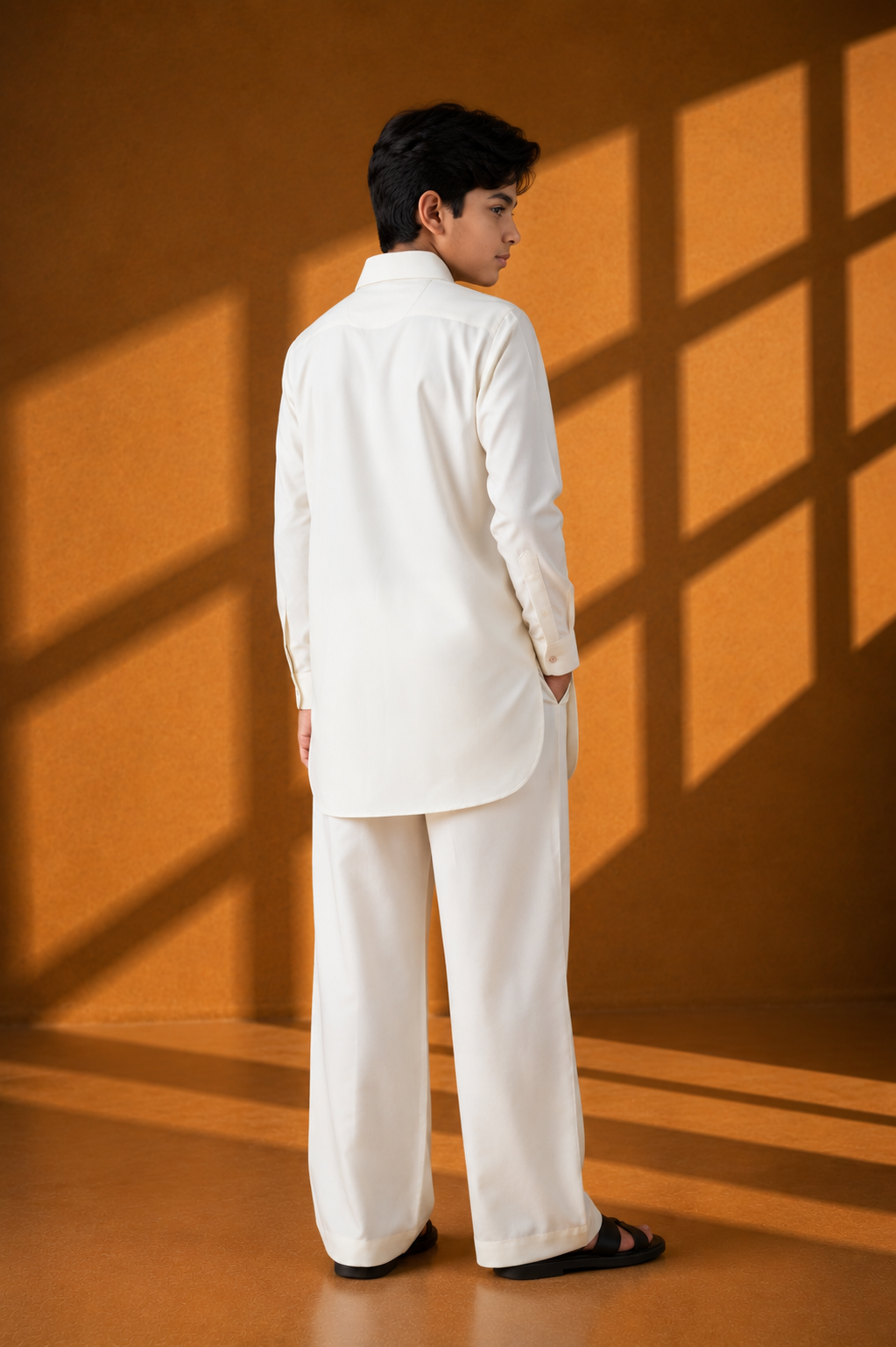 Ivory short crepe kurta with embroidered patch pocket detailing, paired with a matching plazzo