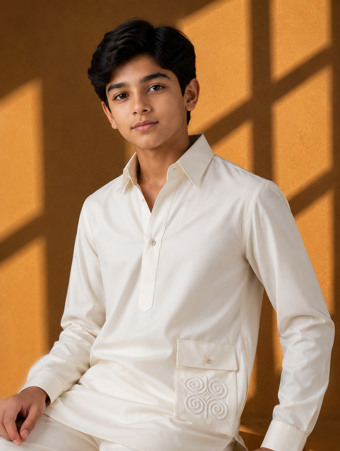 Ivory short crepe kurta with embroidered patch pocket detailing, paired with a matching plazzo