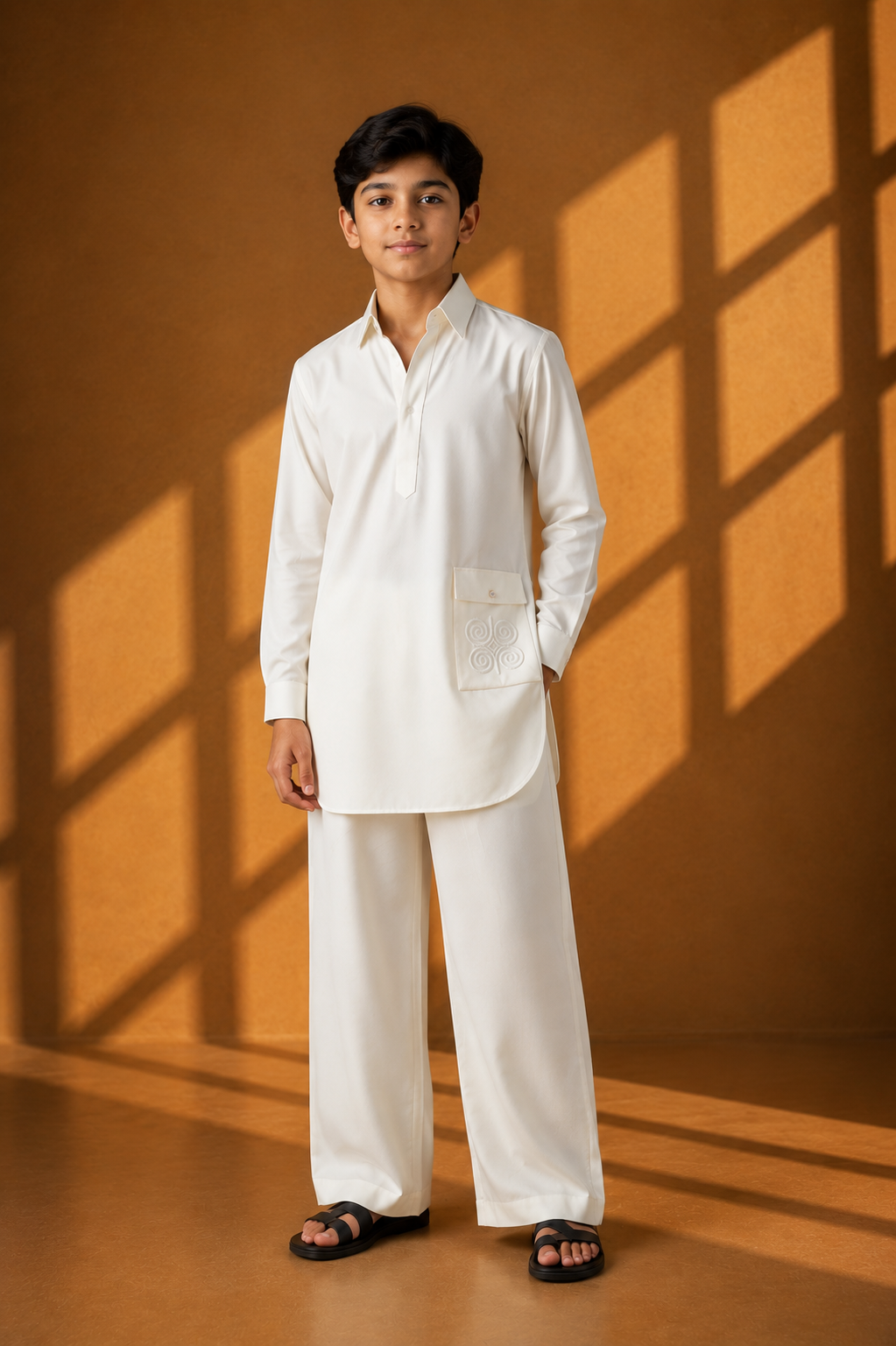 Ivory short crepe kurta with embroidered patch pocket detailing, paired with a matching plazzo