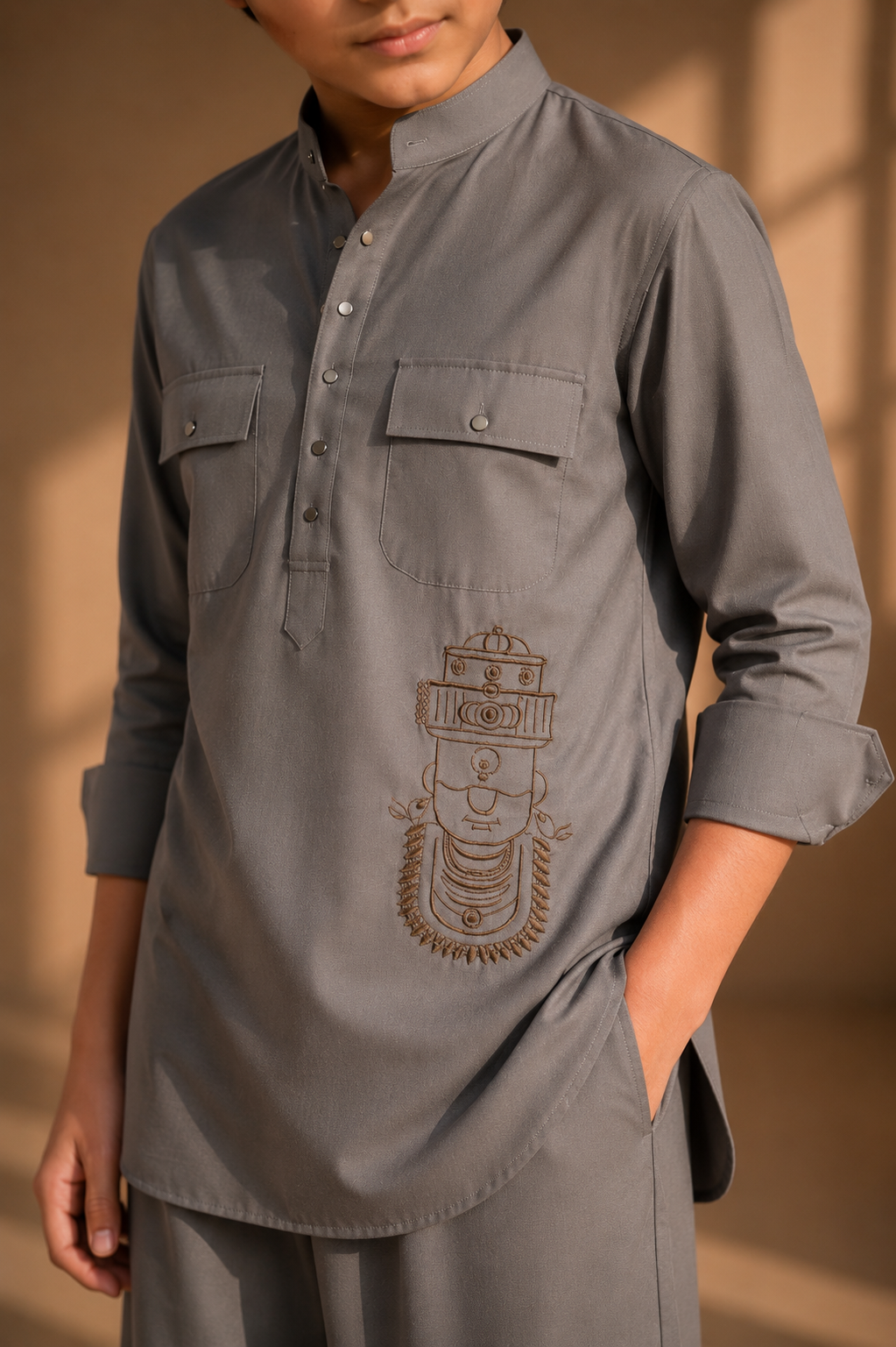 Mouse coloured short crepe kurta with thread embroidery on the waist & patch pocket detailing, paired with a matching plazzo