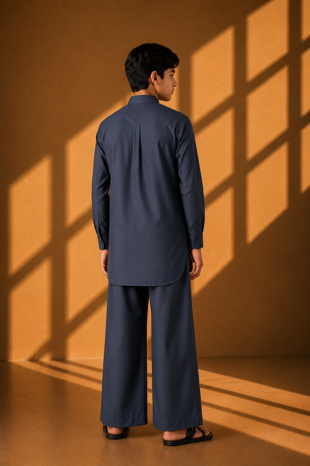 Dark grey short crepe kurta with embroidered patch pocket & zipper detailing, paired with a matching plazzo