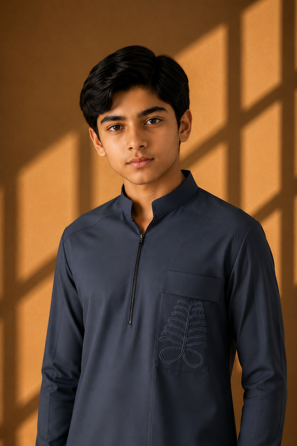 Dark grey short crepe kurta with embroidered patch pocket & zipper detailing, paired with a matching plazzo