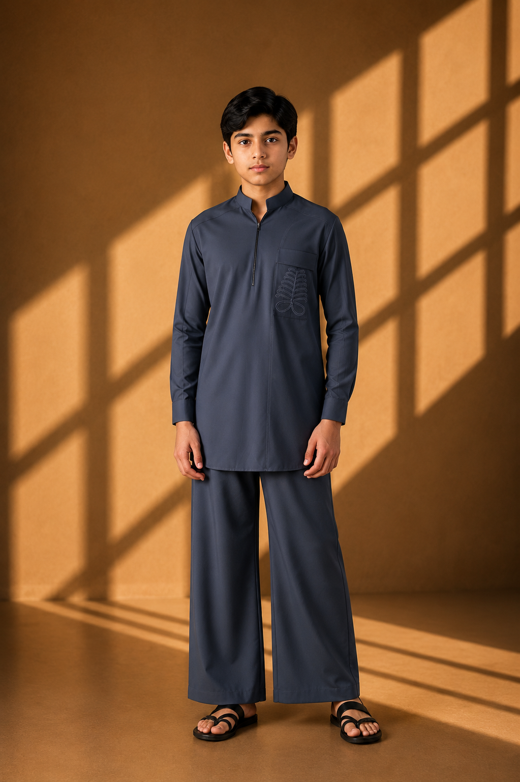 Dark grey short crepe kurta with embroidered patch pocket & zipper detailing, paired with a matching plazzo