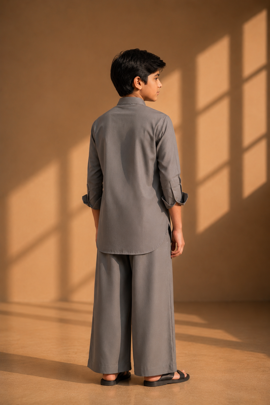 Mouse coloured short crepe kurta with thread embroidery on the waist & patch pocket detailing, paired with a matching plazzo
