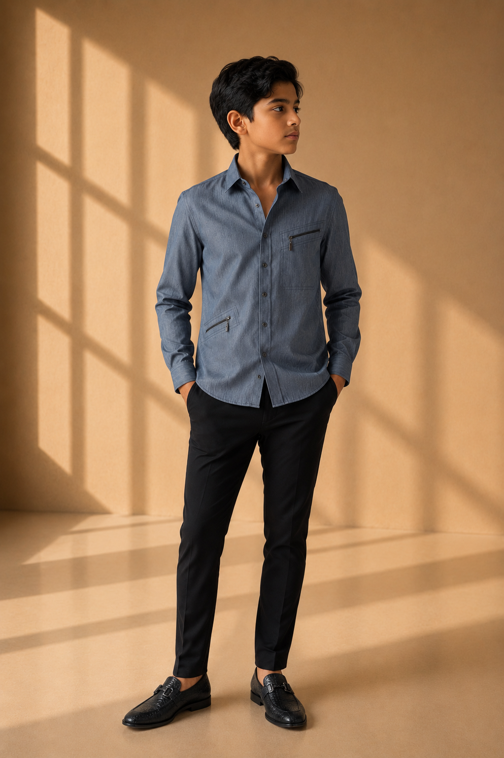 Grey denim shirt with patch pockets & zipper detailing