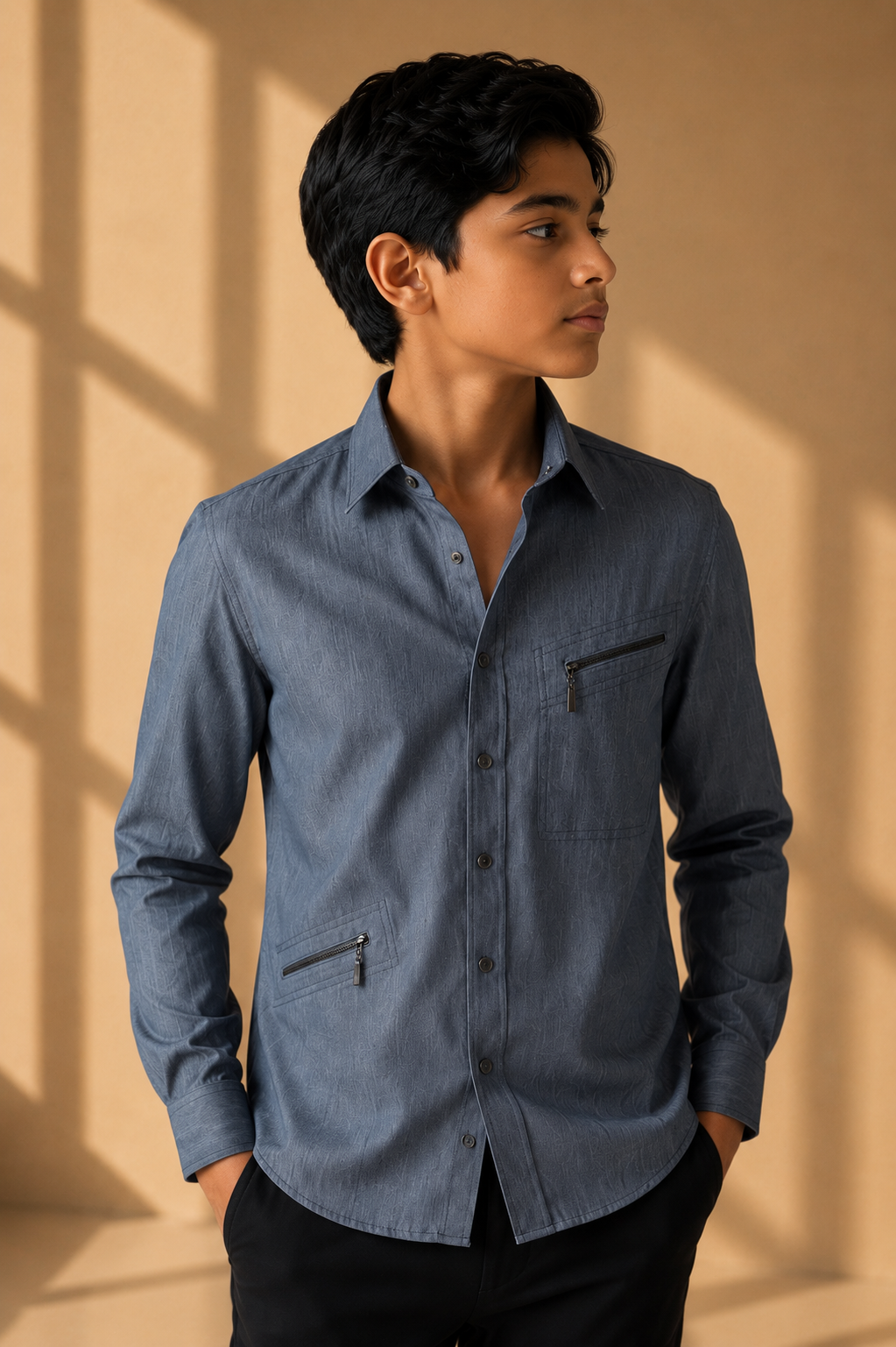 Grey denim shirt with patch pockets & zipper detailing