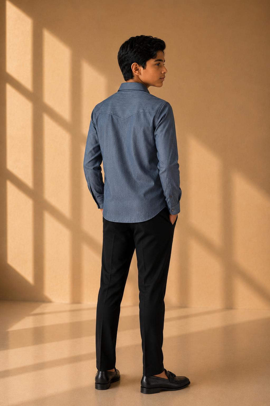 Grey denim shirt with patch pockets & zipper detailing