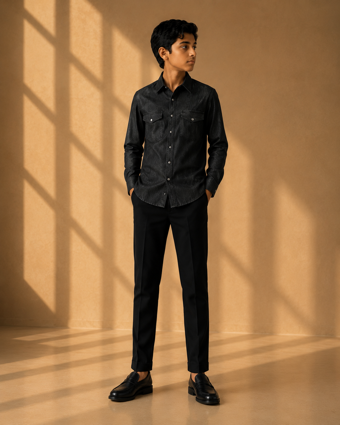 Black denim shirt with patch pockets & yoke detailing