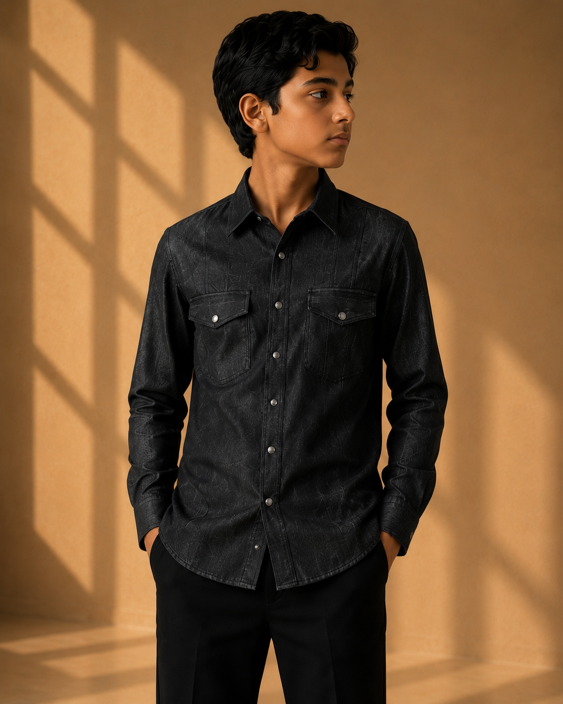 Black denim shirt with patch pockets & yoke detailing