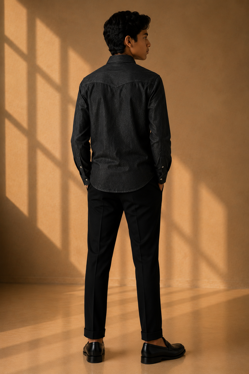 Black denim shirt with patch pockets & yoke detailing