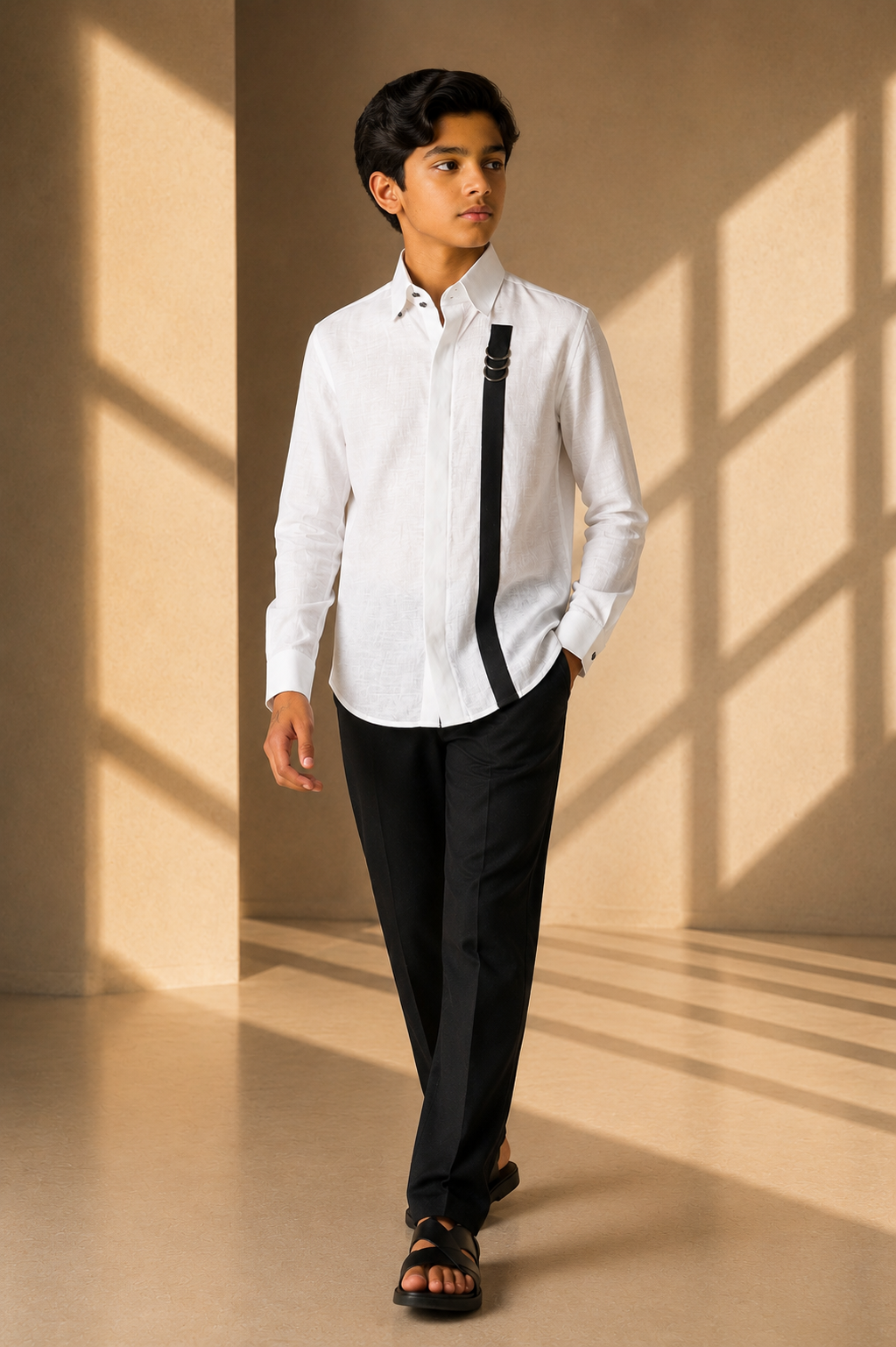 White linen shirt with contrast strap & metallic buckle detailing