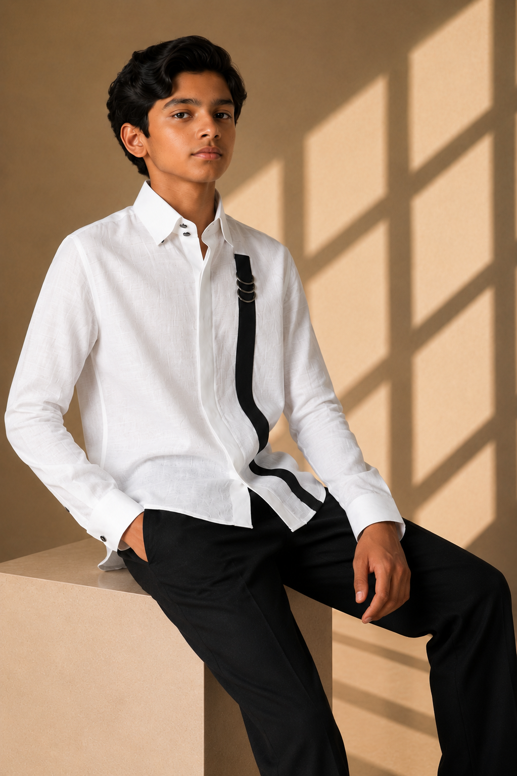 White linen shirt with contrast strap & metallic buckle detailing