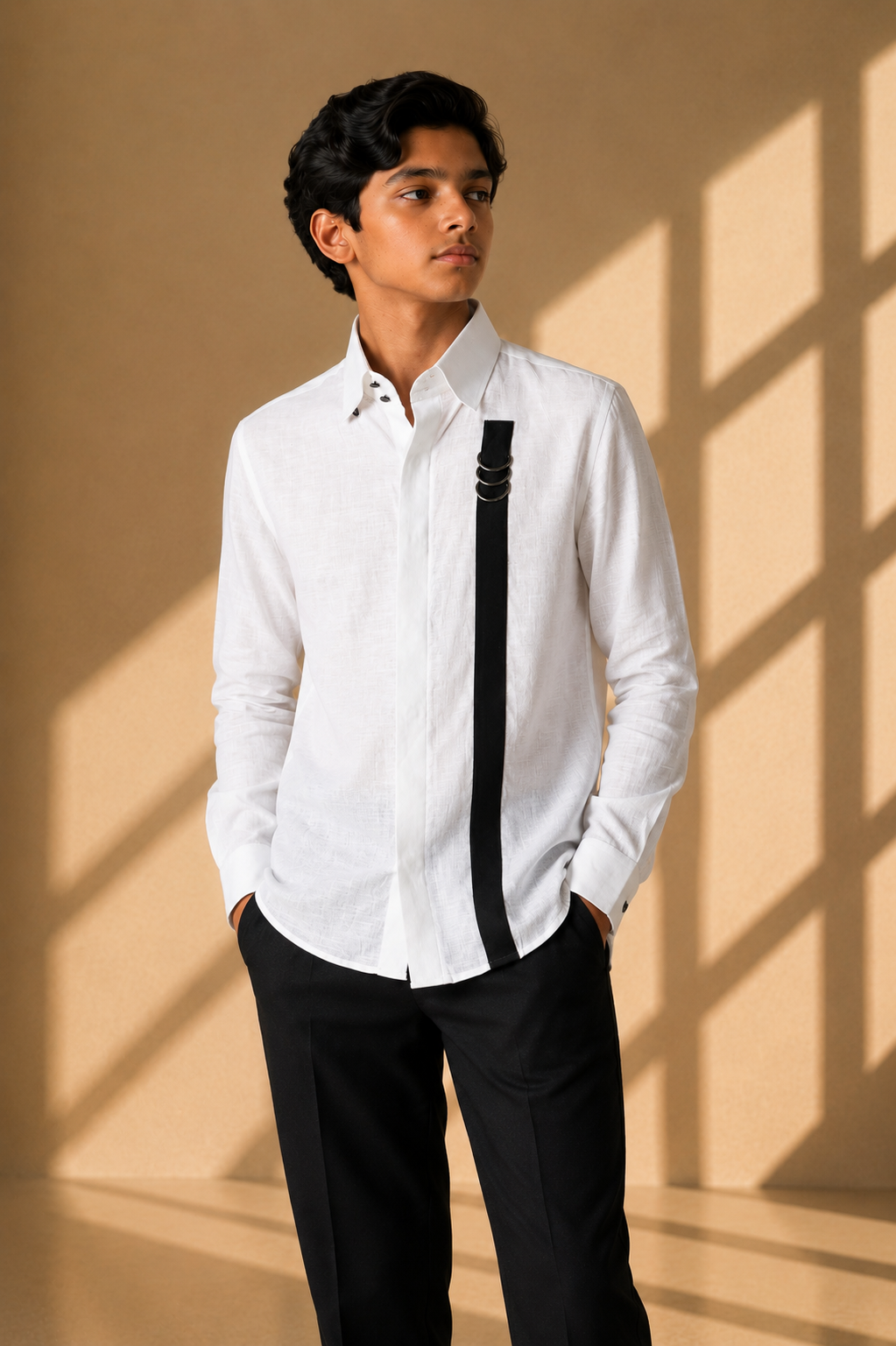 White linen shirt with contrast strap & metallic buckle detailing