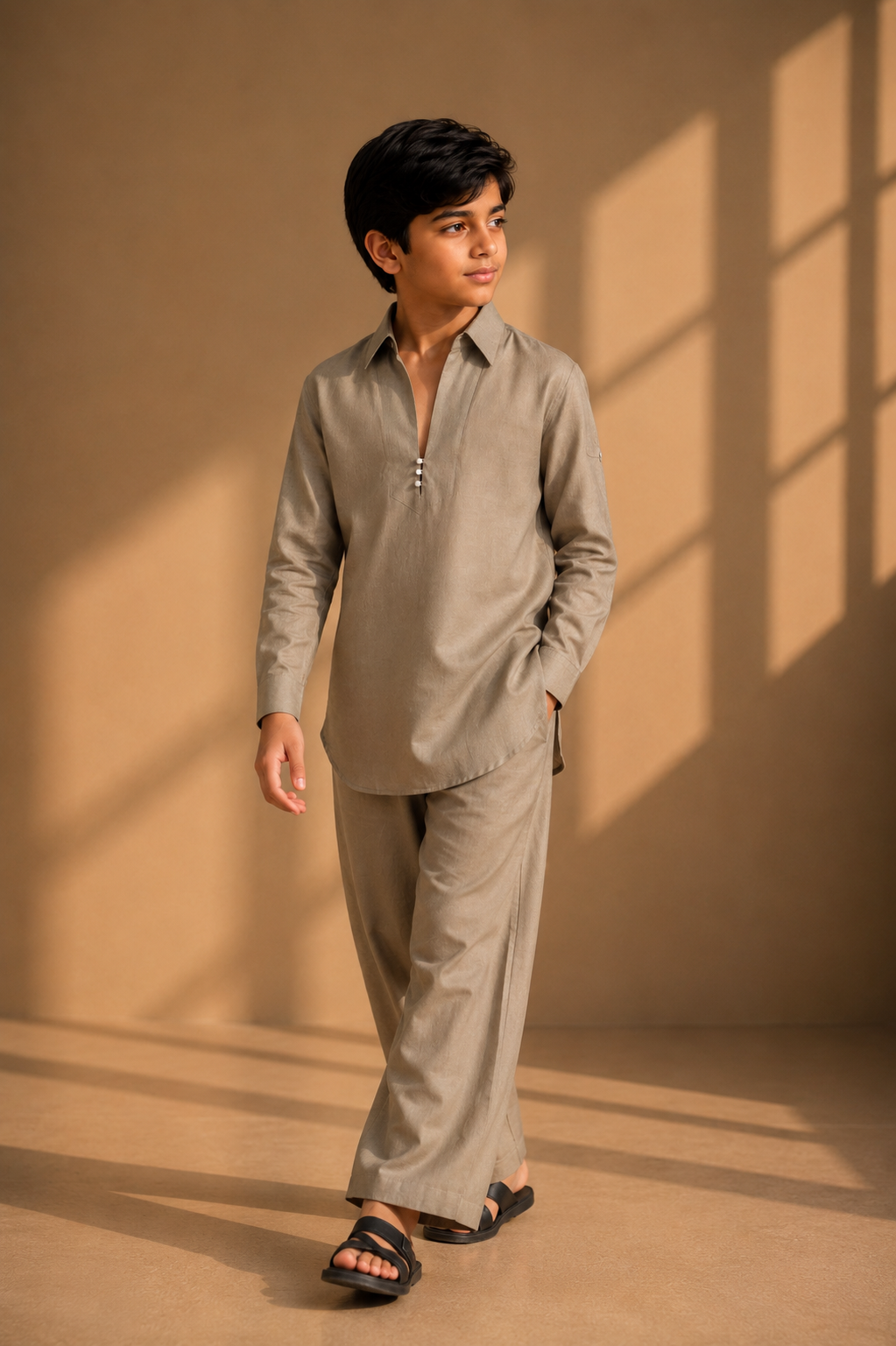 Olive green short linen kurta with button detailing, paired with a matching plazzo
