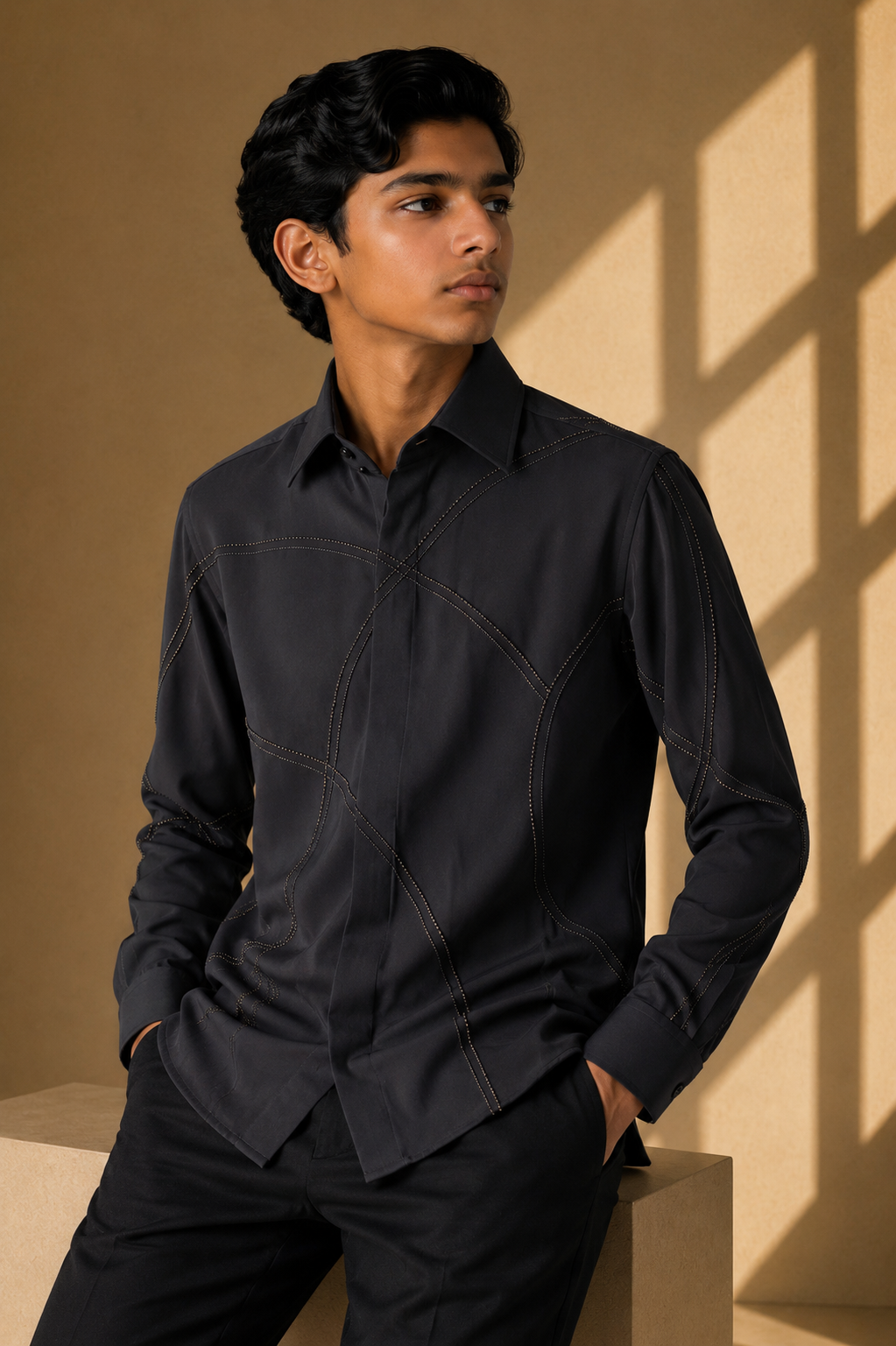 Black shirt with all-over abstract metallic hand-embroidery