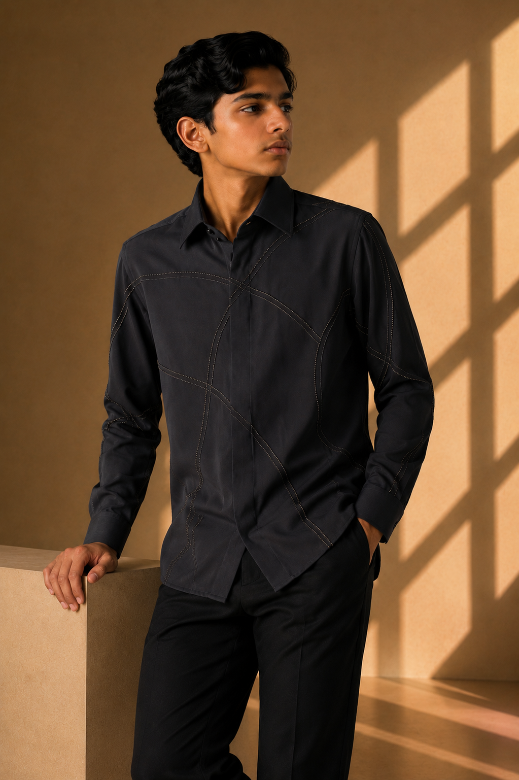 Black shirt with all-over abstract metallic hand-embroidery