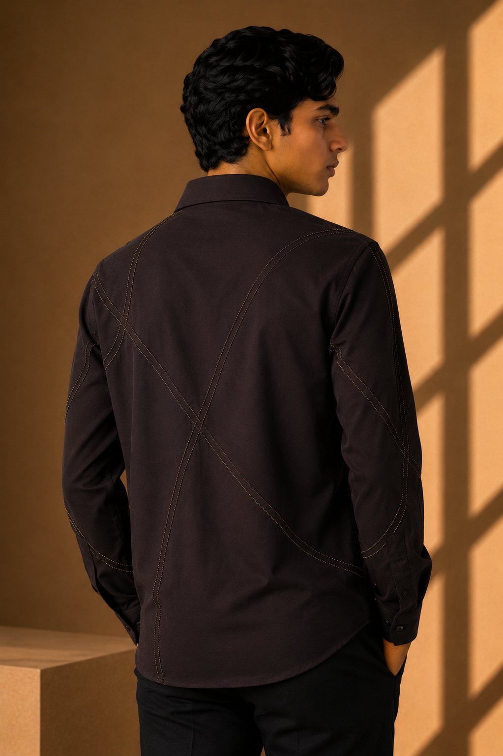 Black shirt with all-over abstract metallic hand-embroidery