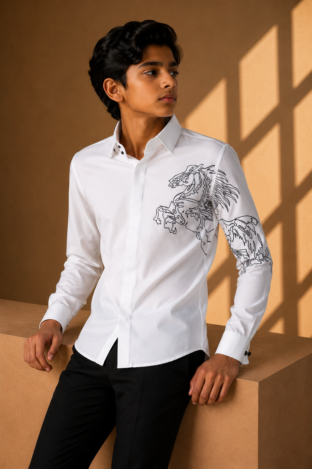 White shirt with black embroidered Horse motif