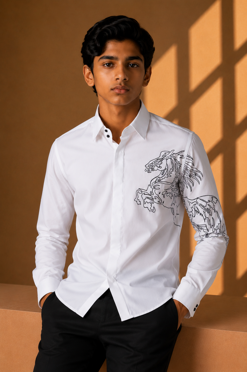 White shirt with black embroidered Horse motif