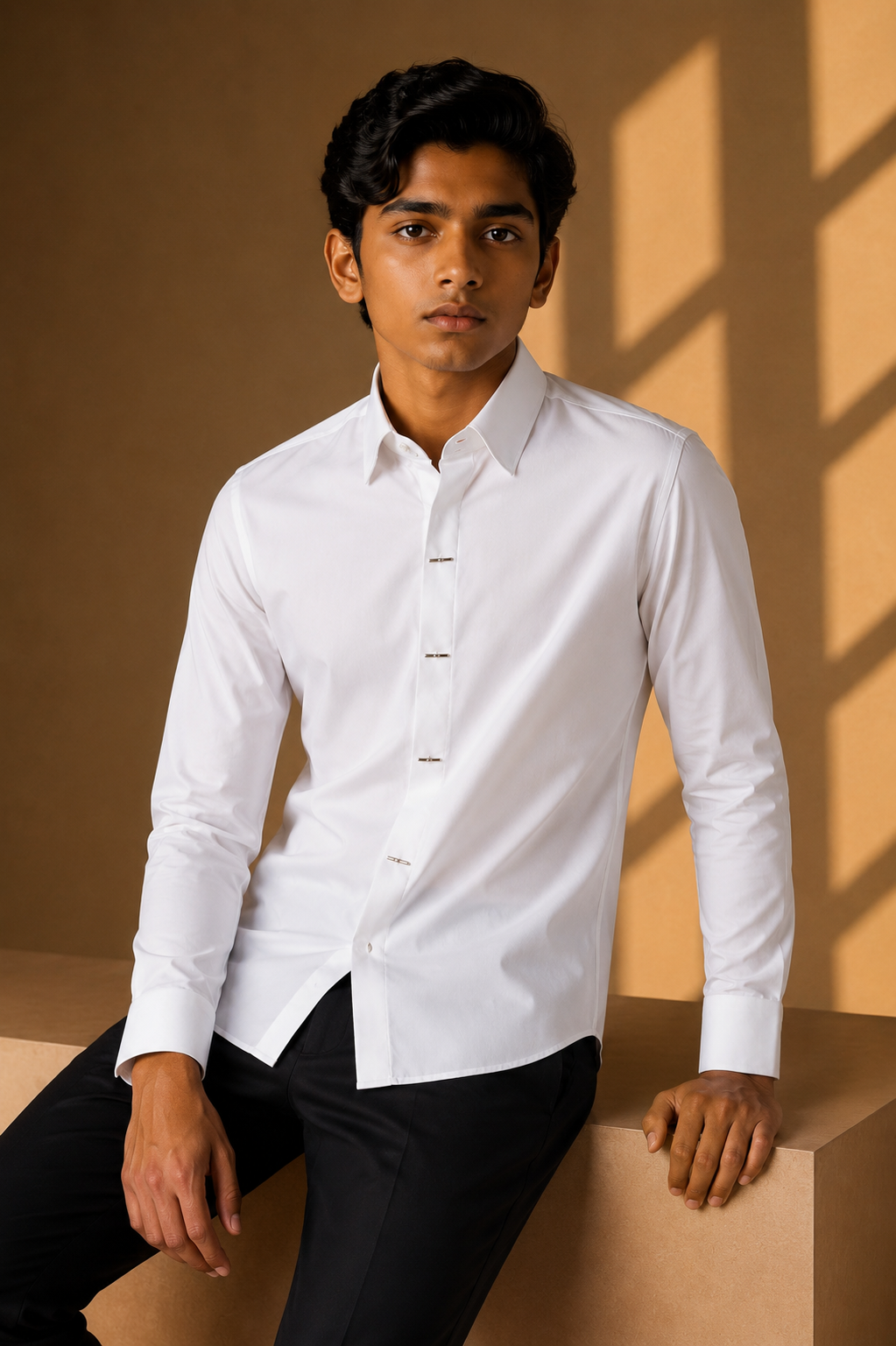 White shirt with statement metallic buttons