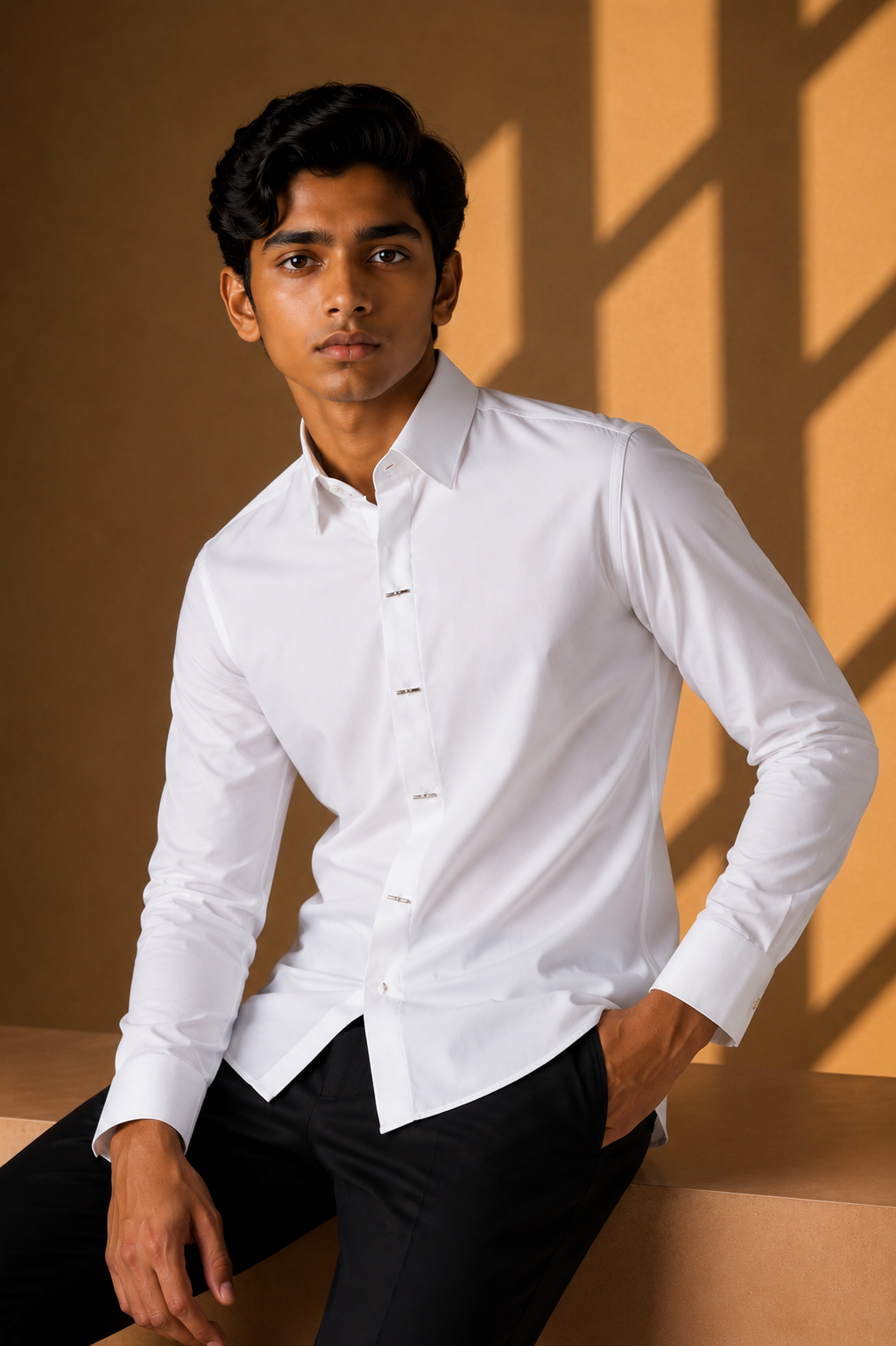 White shirt with statement metallic buttons