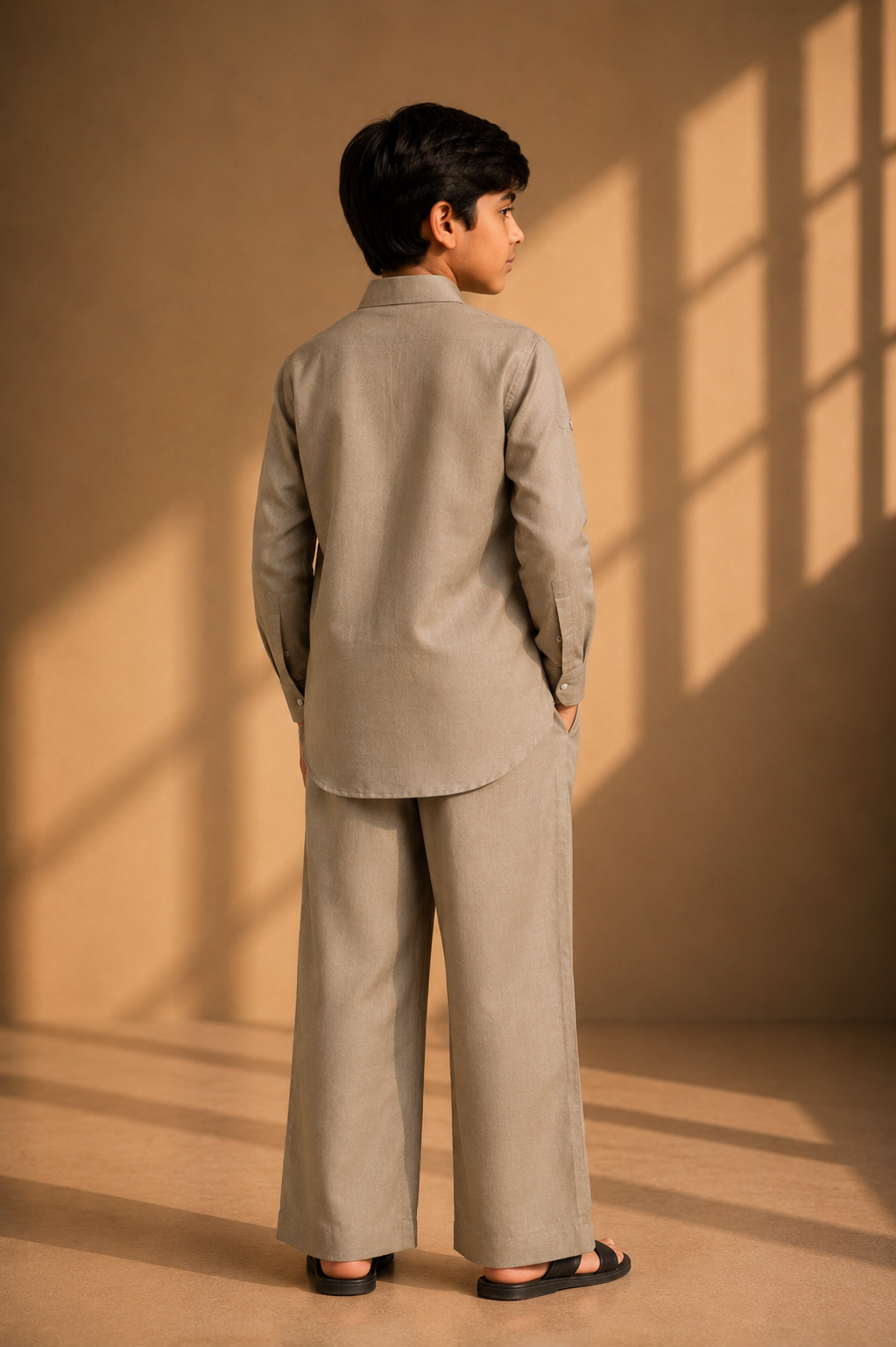 Olive green short linen kurta with button detailing, paired with a matching plazzo