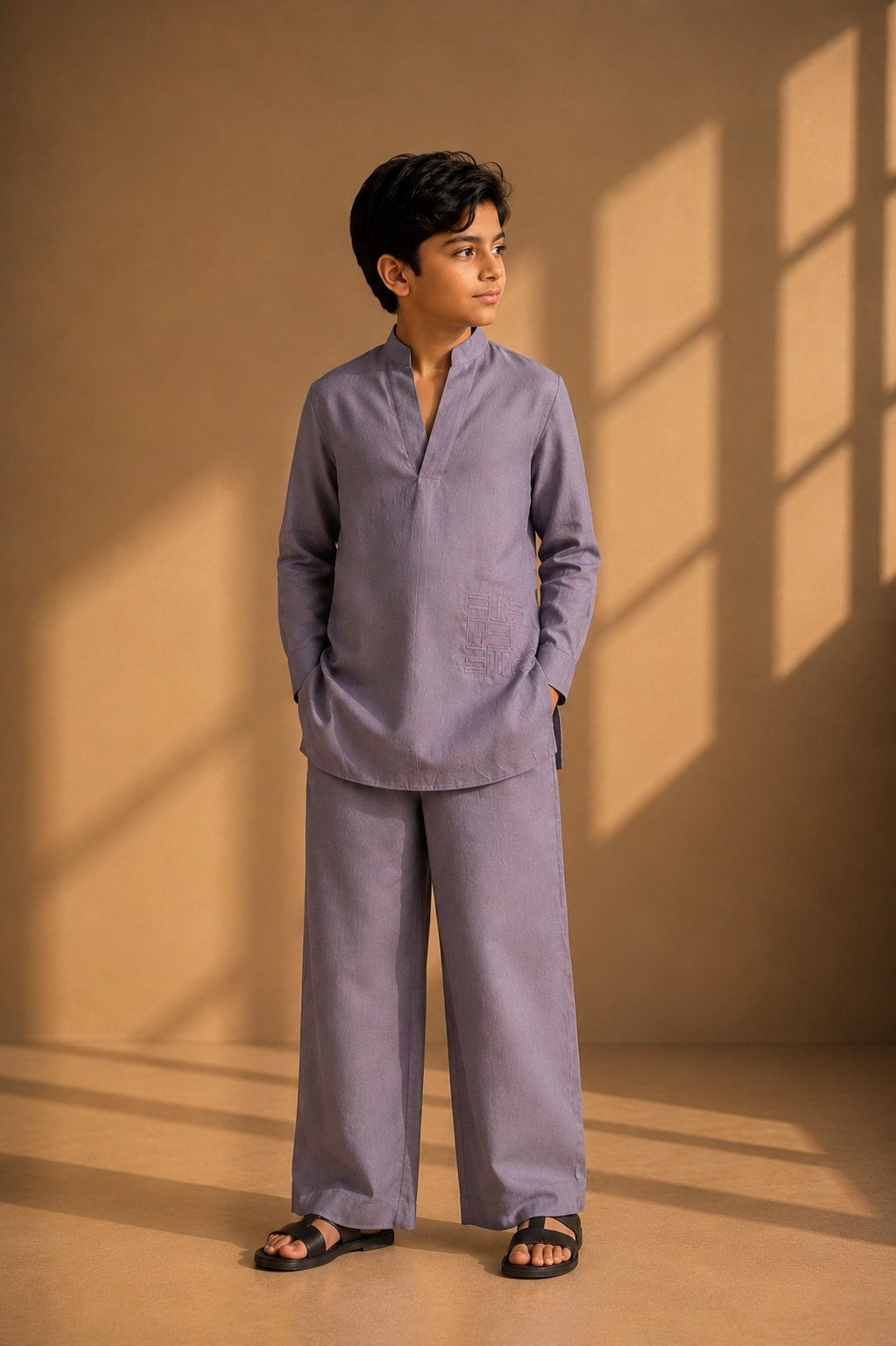 Mauve short linen kurta with thread embroidery detailing on the waist, paired with a matching plazzo