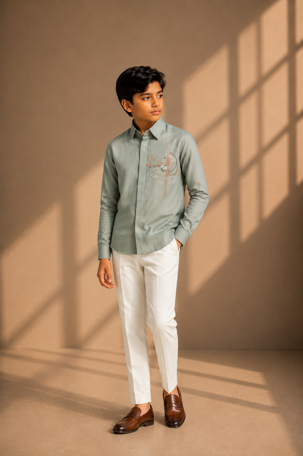 Sage green linen shirt with multi-coloured hand-embroidered motif