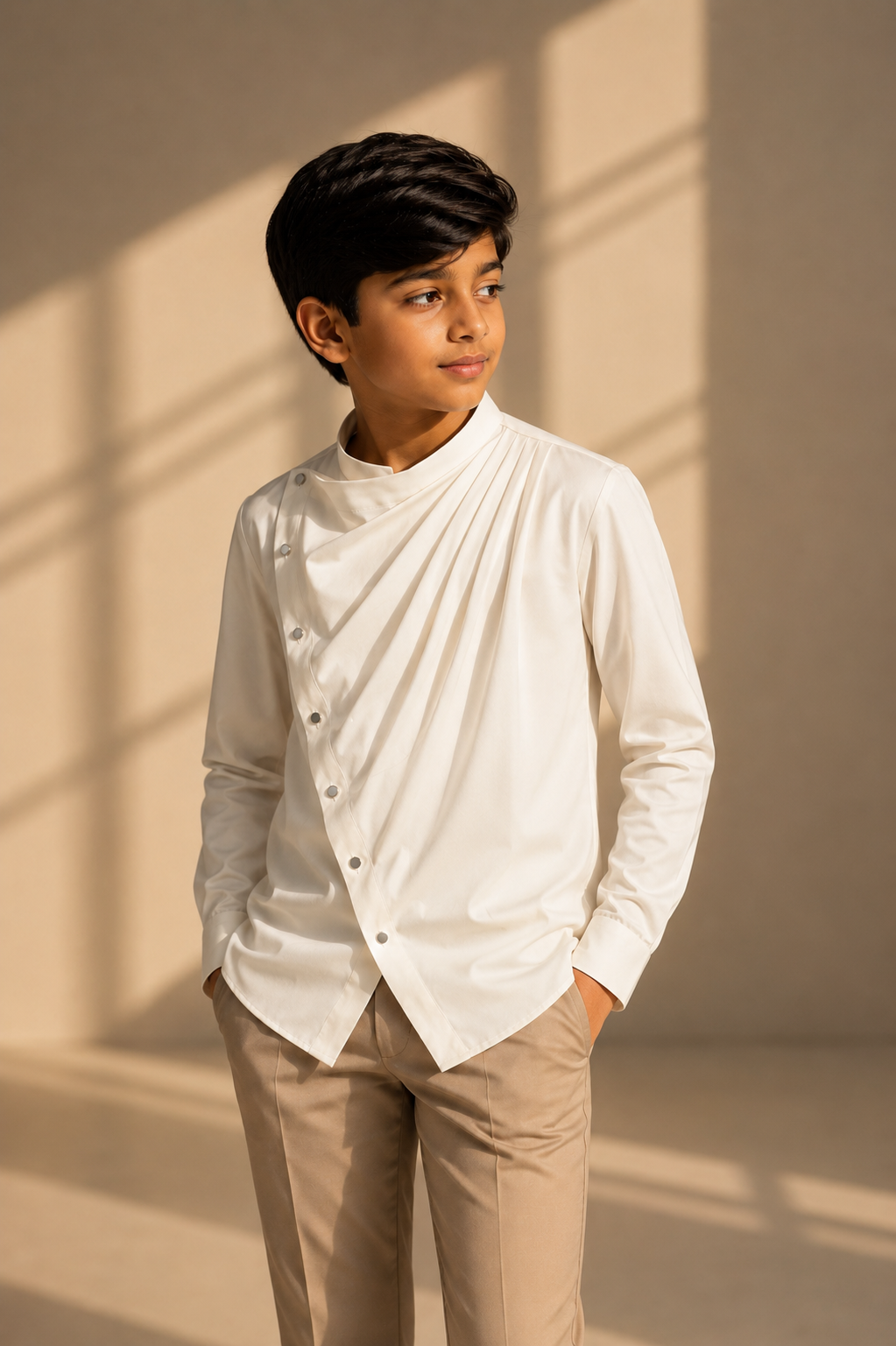 Cream shirt with asymmetrical buttons & drape detailing