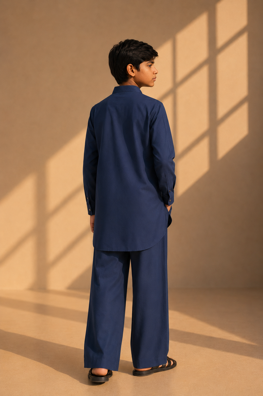 Navy blue short crepe kurta with thread embroidery detailing on the waist, paired with a matching plazzo