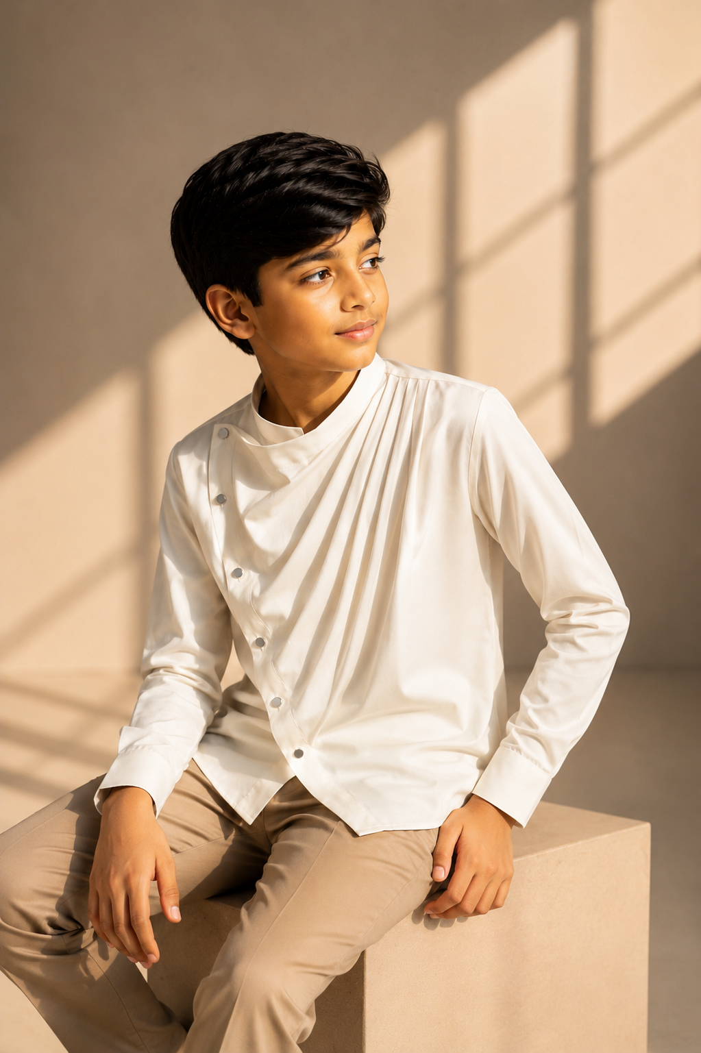 Cream shirt with asymmetrical buttons & drape detailing