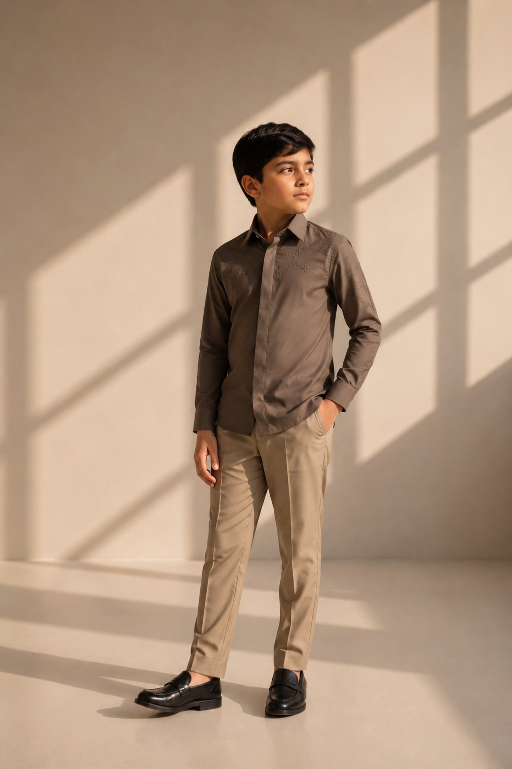 Olive green shirt with abstract monotone hand-embroidered detailing