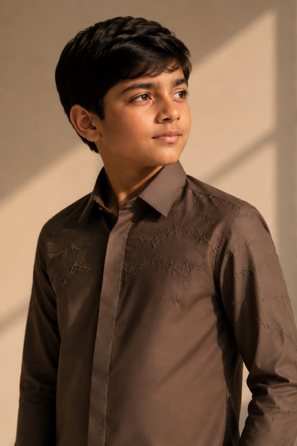 Olive green shirt with abstract monotone hand-embroidered detailing