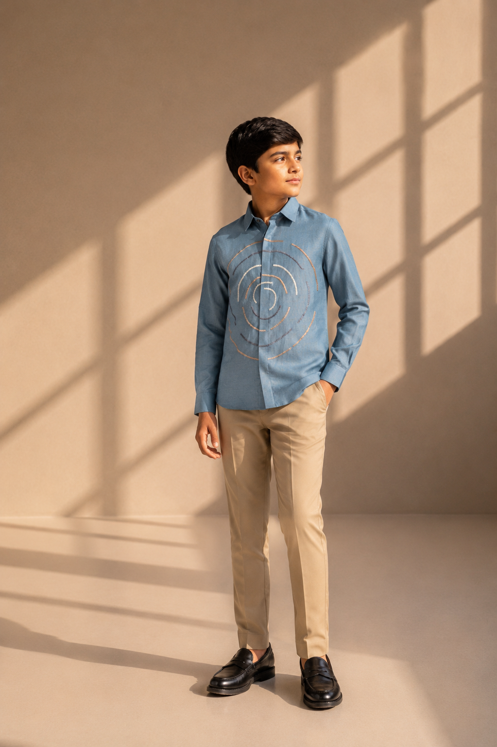 Blue linen shirt with multi-coloured round circular embroidery detailing