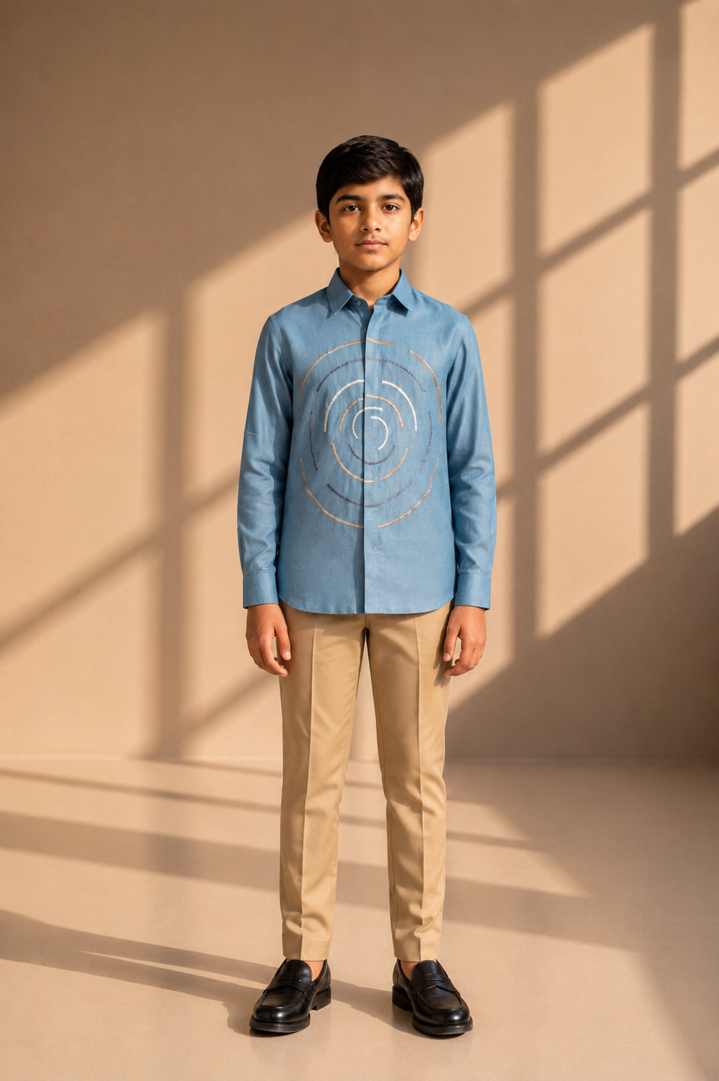 Blue linen shirt with multi-coloured round circular embroidery detailing