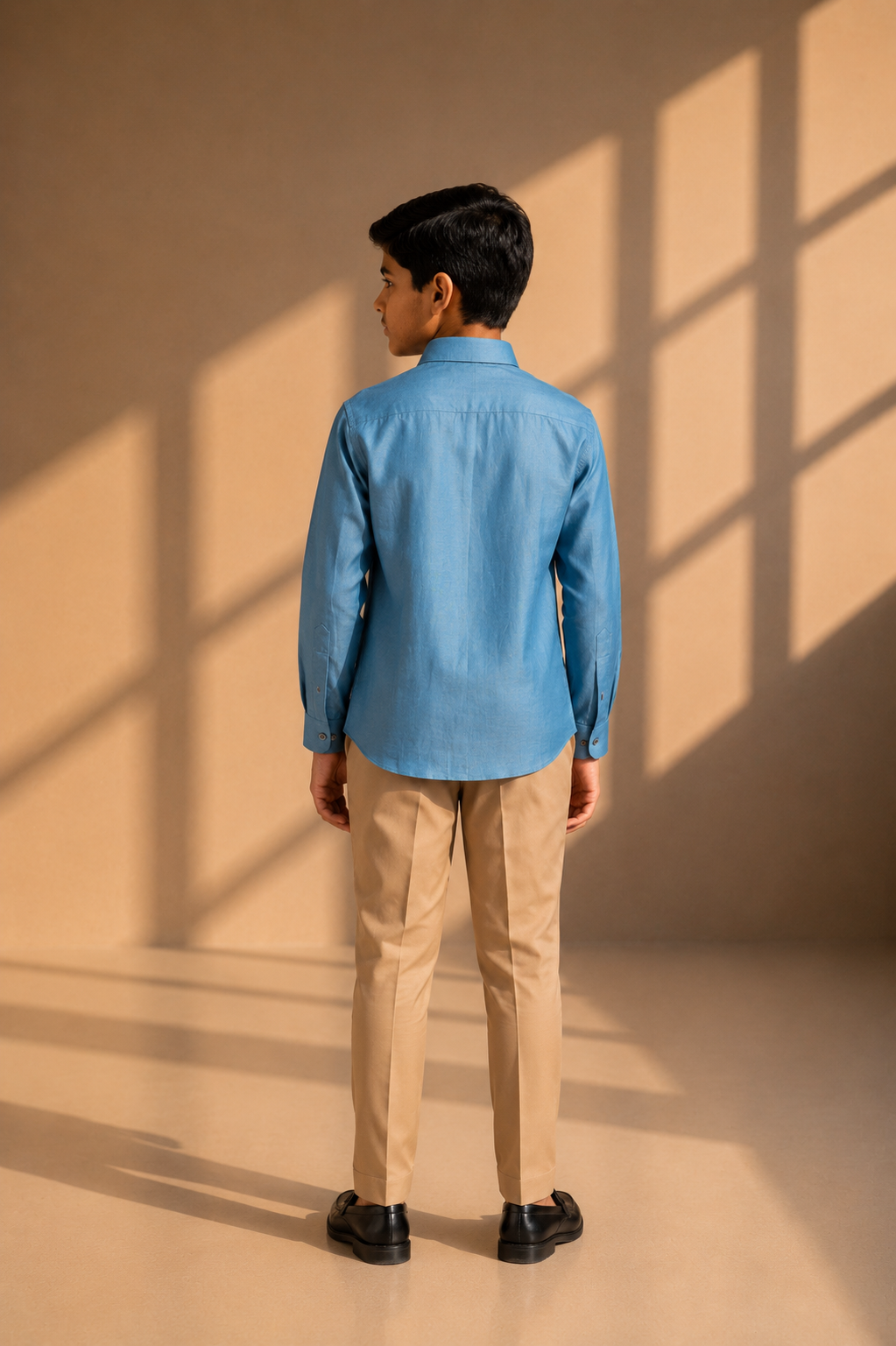 Blue linen shirt with multi-coloured round circular embroidery detailing