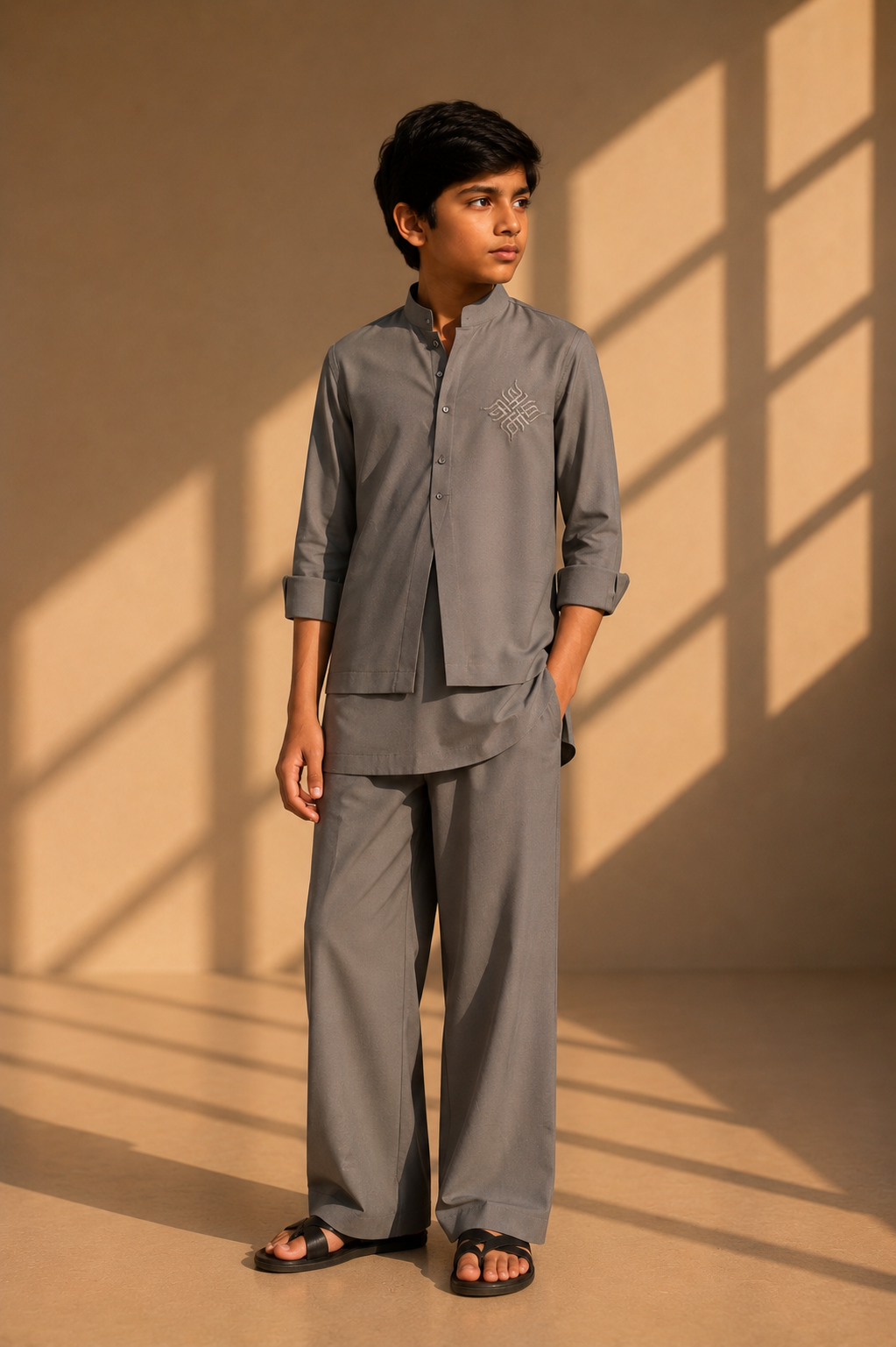 Mouse coloured shirt with asymmetrical cuts & thread embroidery detailing on the chest, paired with a matching plazzo