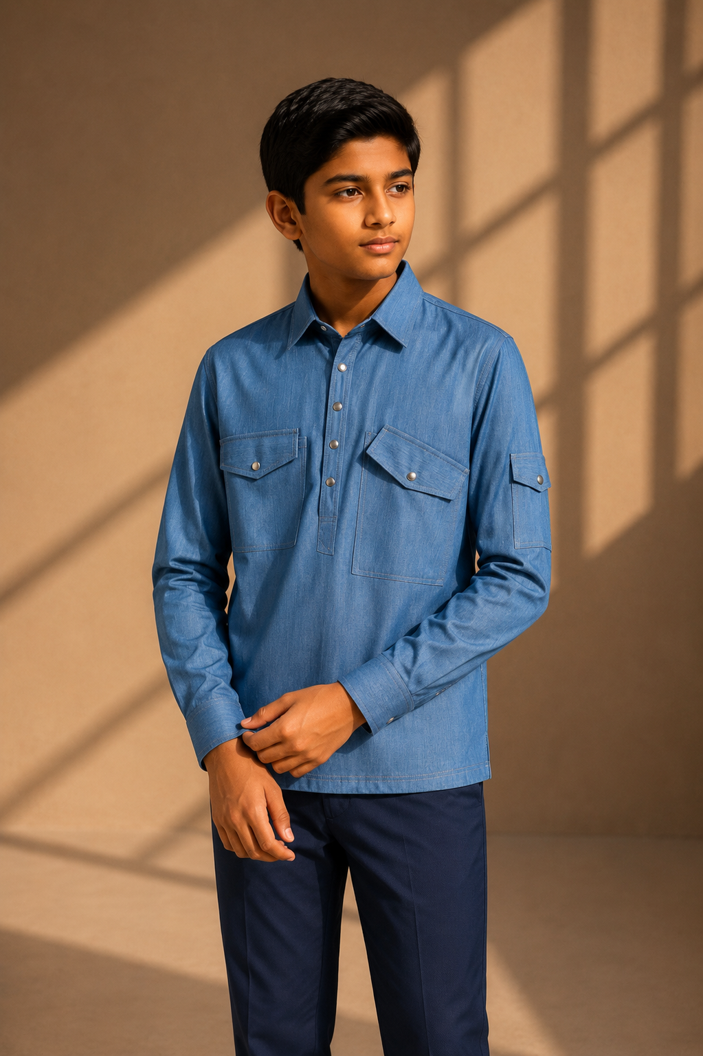 Light denim shirt with patch pocket detailing