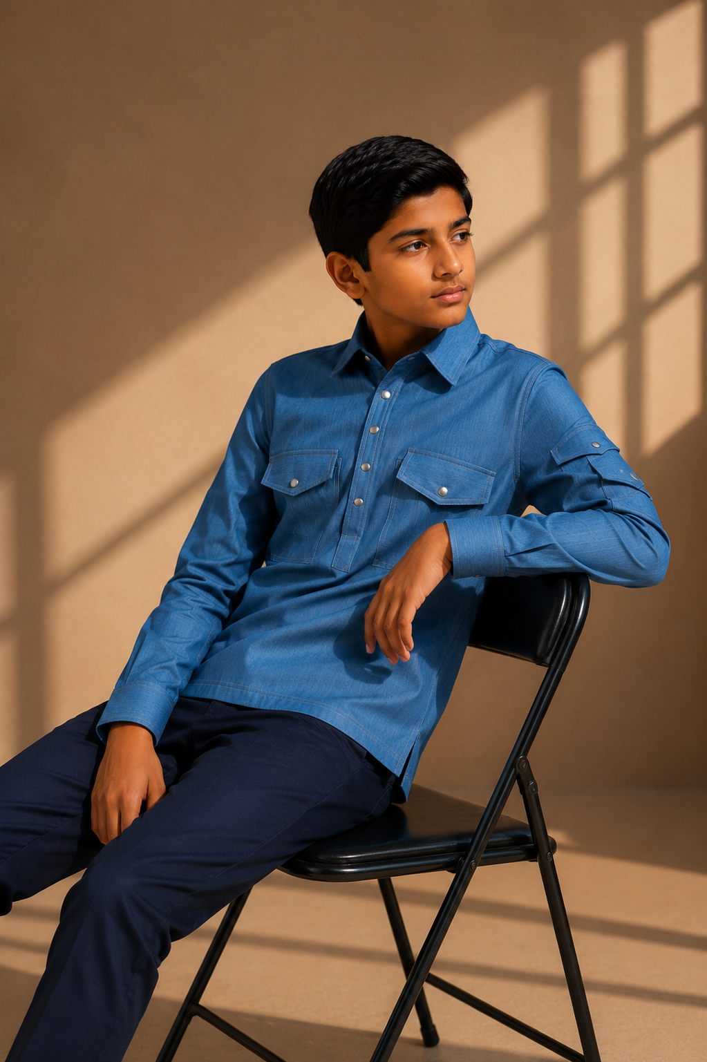 Light denim shirt with patch pocket detailing