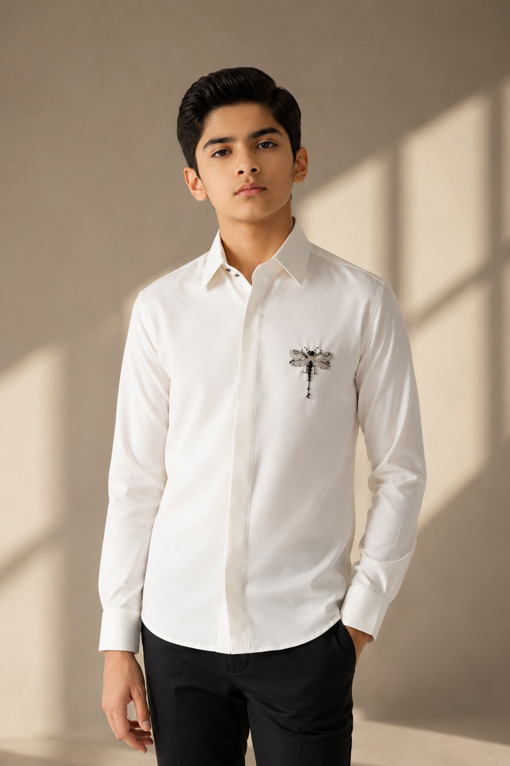 Ivory shirt with hand-embroidered Dragonfly motif