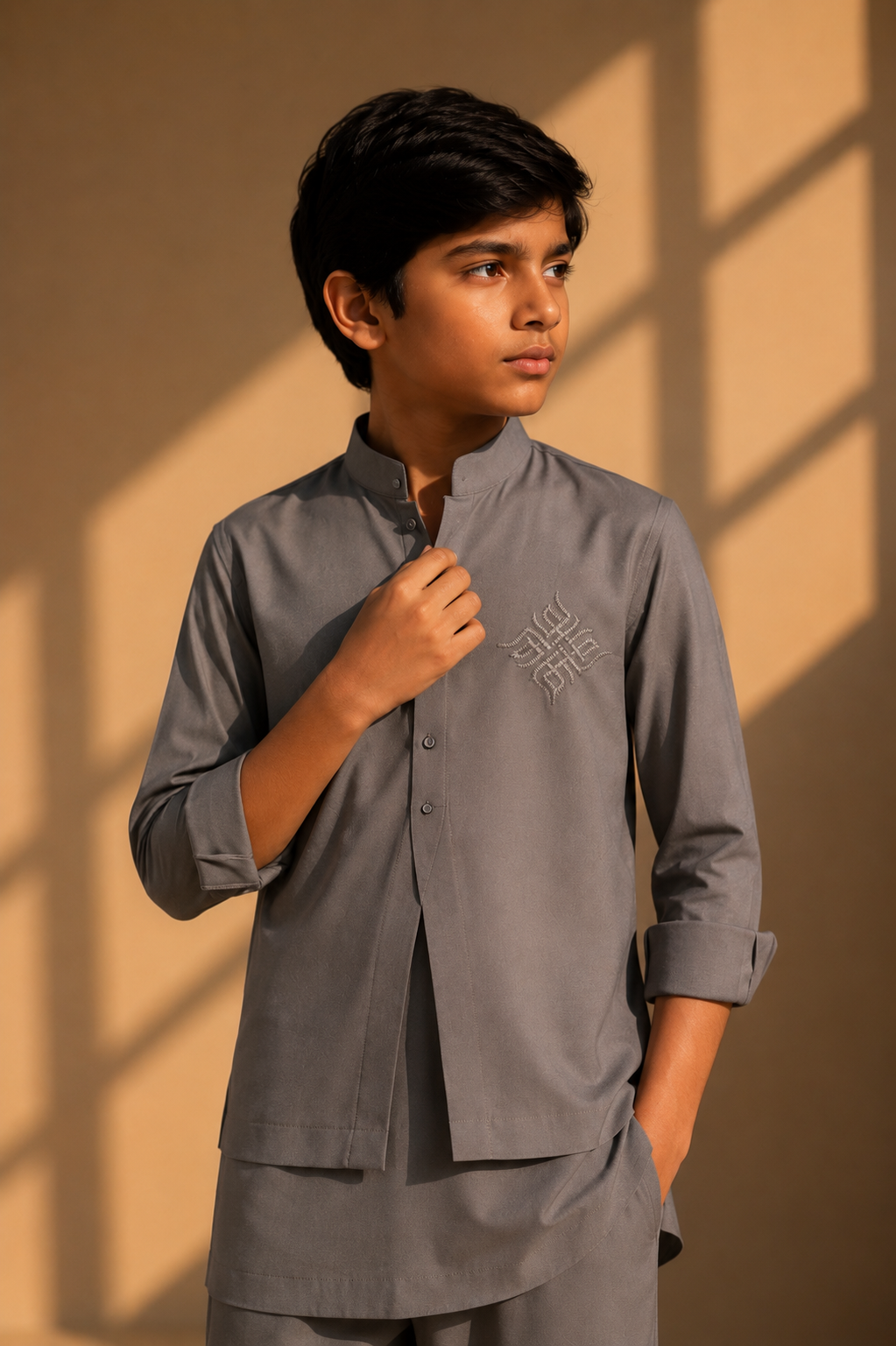 Mouse coloured shirt with asymmetrical cuts & thread embroidery detailing on the chest, paired with a matching plazzo