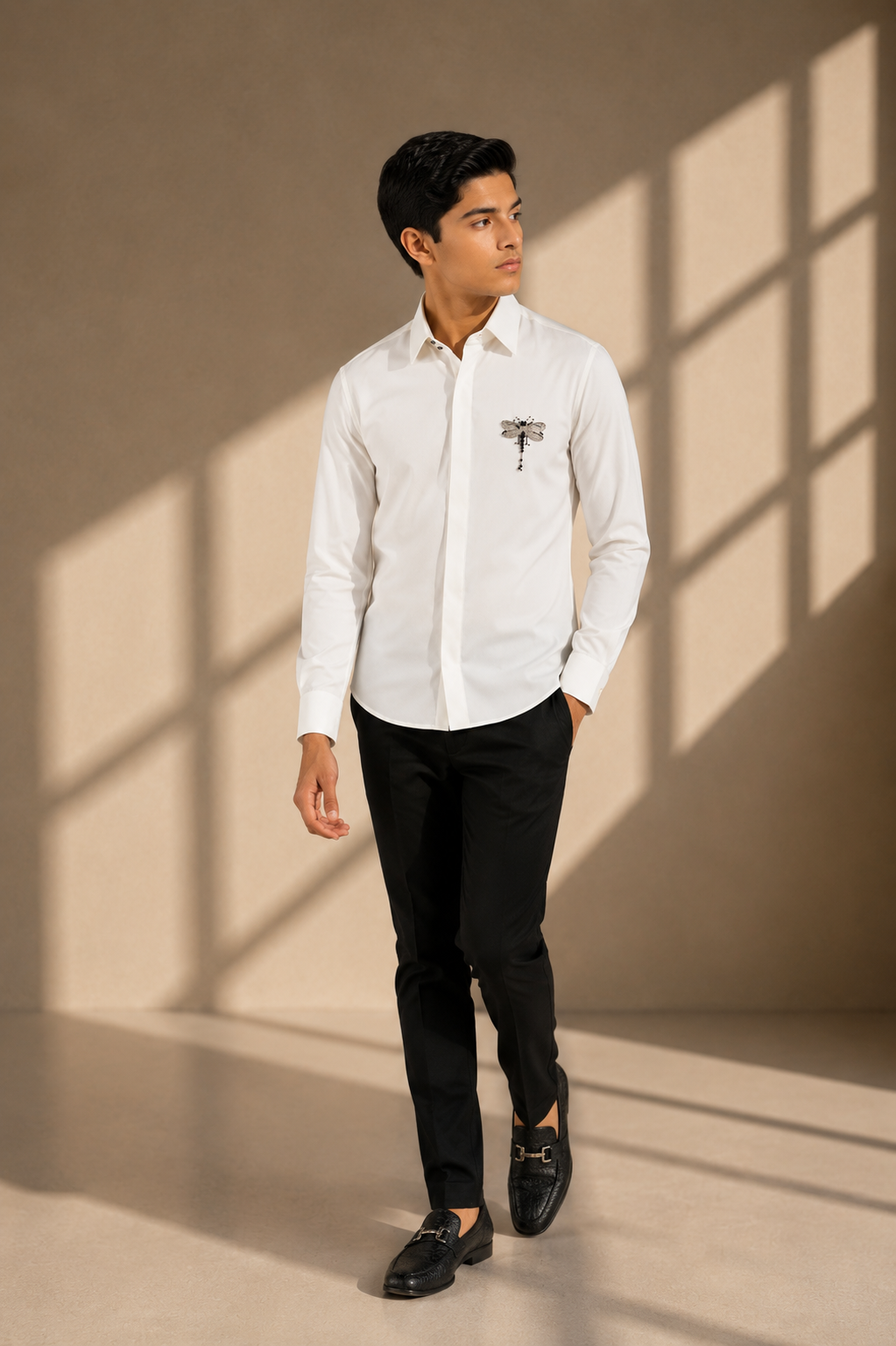 Ivory shirt with hand-embroidered Dragonfly motif