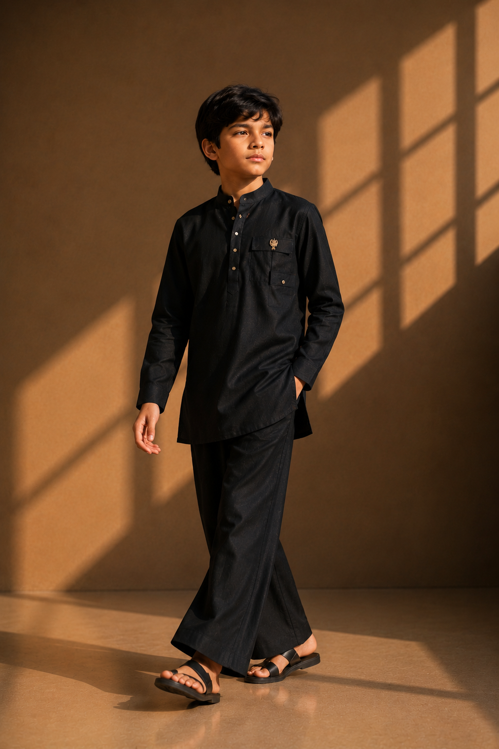 Black short linen kurta with patch pocket & brooch detailing, paired with a matching plazzo