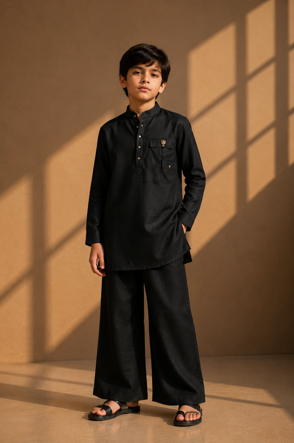 Black short linen kurta with patch pocket & brooch detailing, paired with a matching plazzo