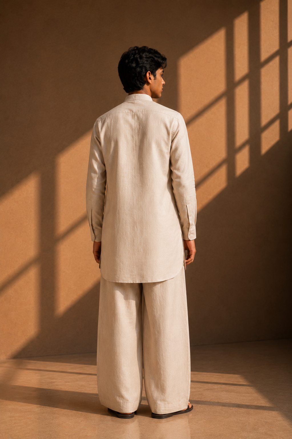 Beige short linen kurta with embroidered patch pocket detailing, paired with a matching plazzo