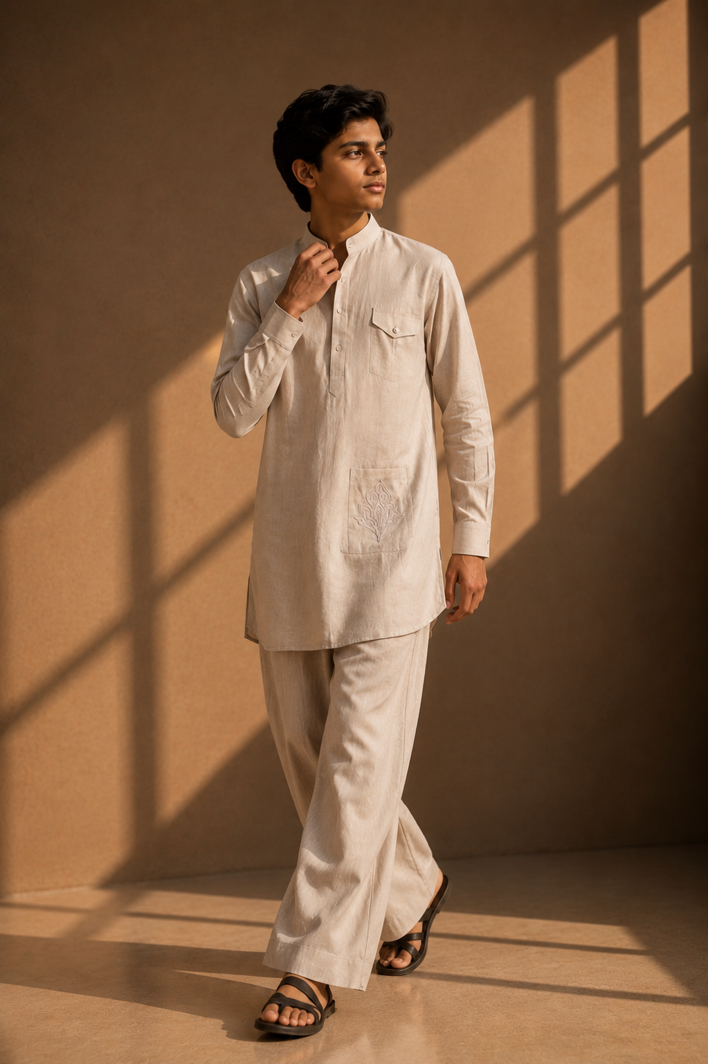 Beige short linen kurta with embroidered patch pocket detailing, paired with a matching plazzo