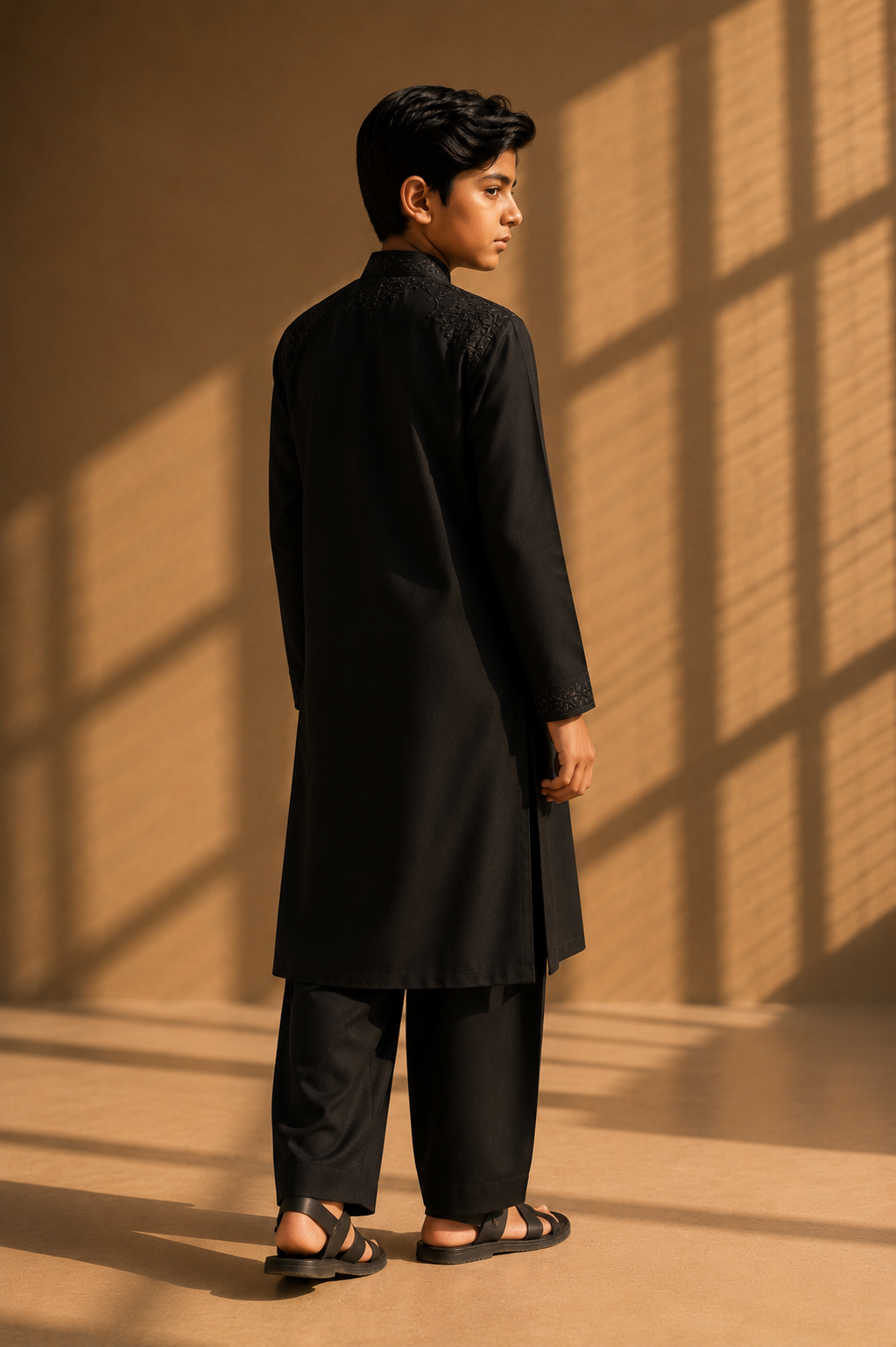 Featuring black knit kurta embelished with antique grey metal components on shoulders and placket paired up with aligarhi pants